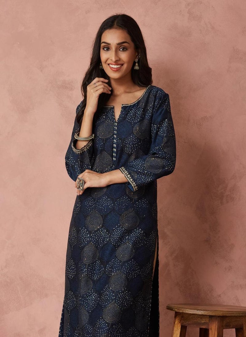 Indigo Cotton Silk  Printed Long Kurta