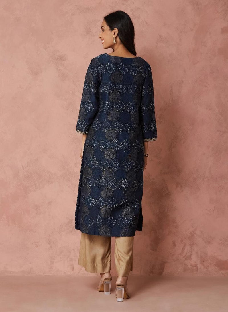 Indigo Cotton Silk  Printed Long Kurta