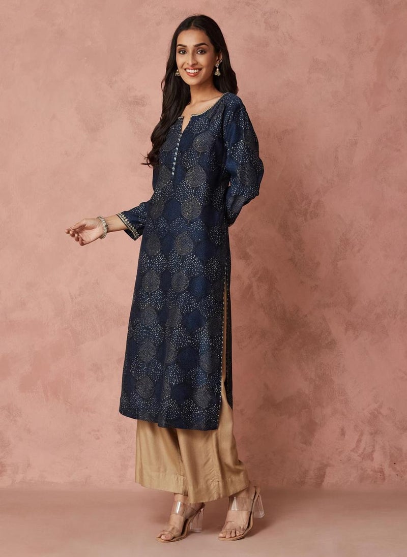 Indigo Cotton Silk  Printed Long Kurta