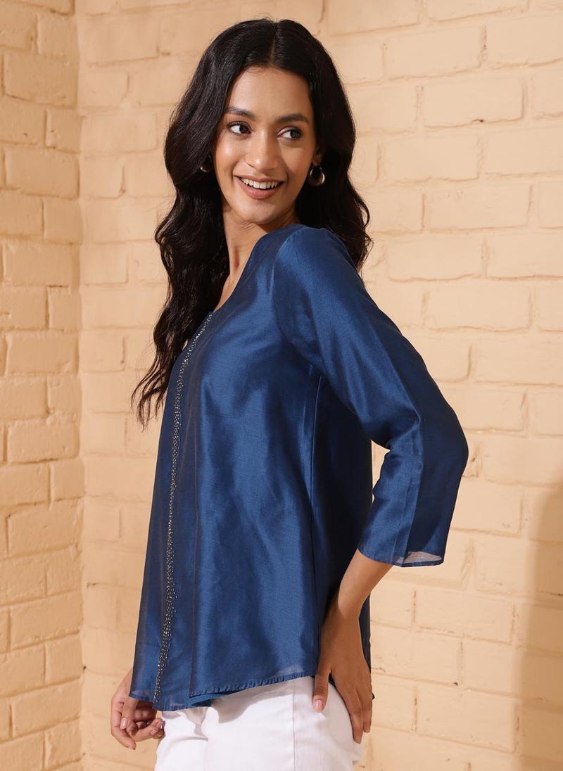 Blue Cotton Silk Embroidered Top