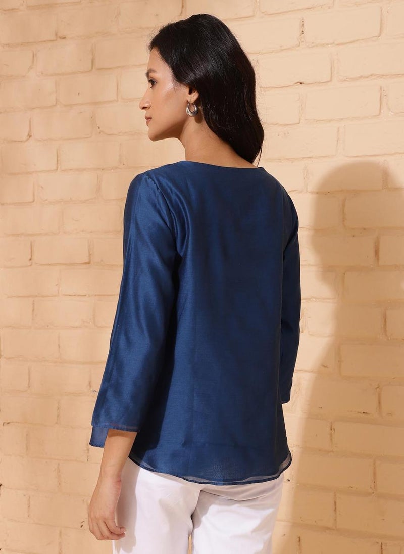 Blue Cotton Silk Embroidered Top