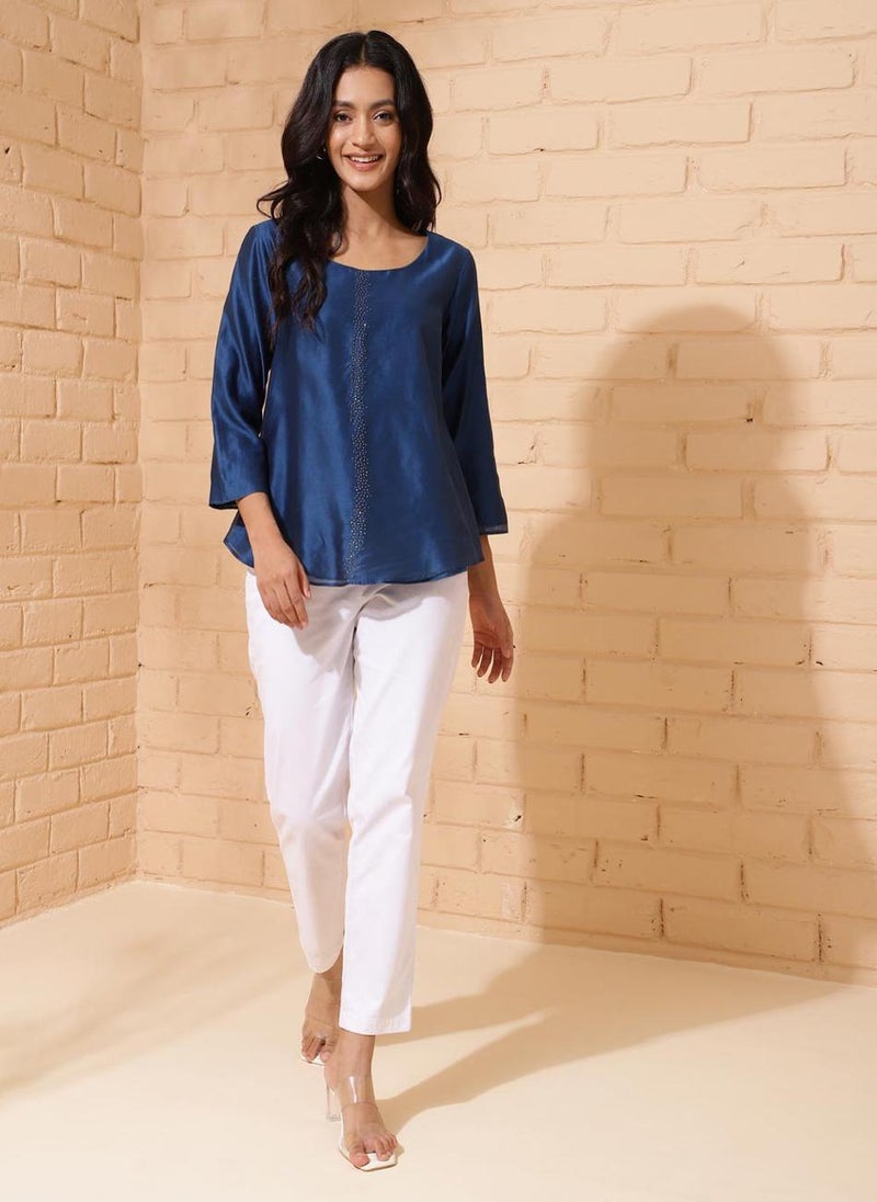 Blue Cotton Silk Embroidered Top