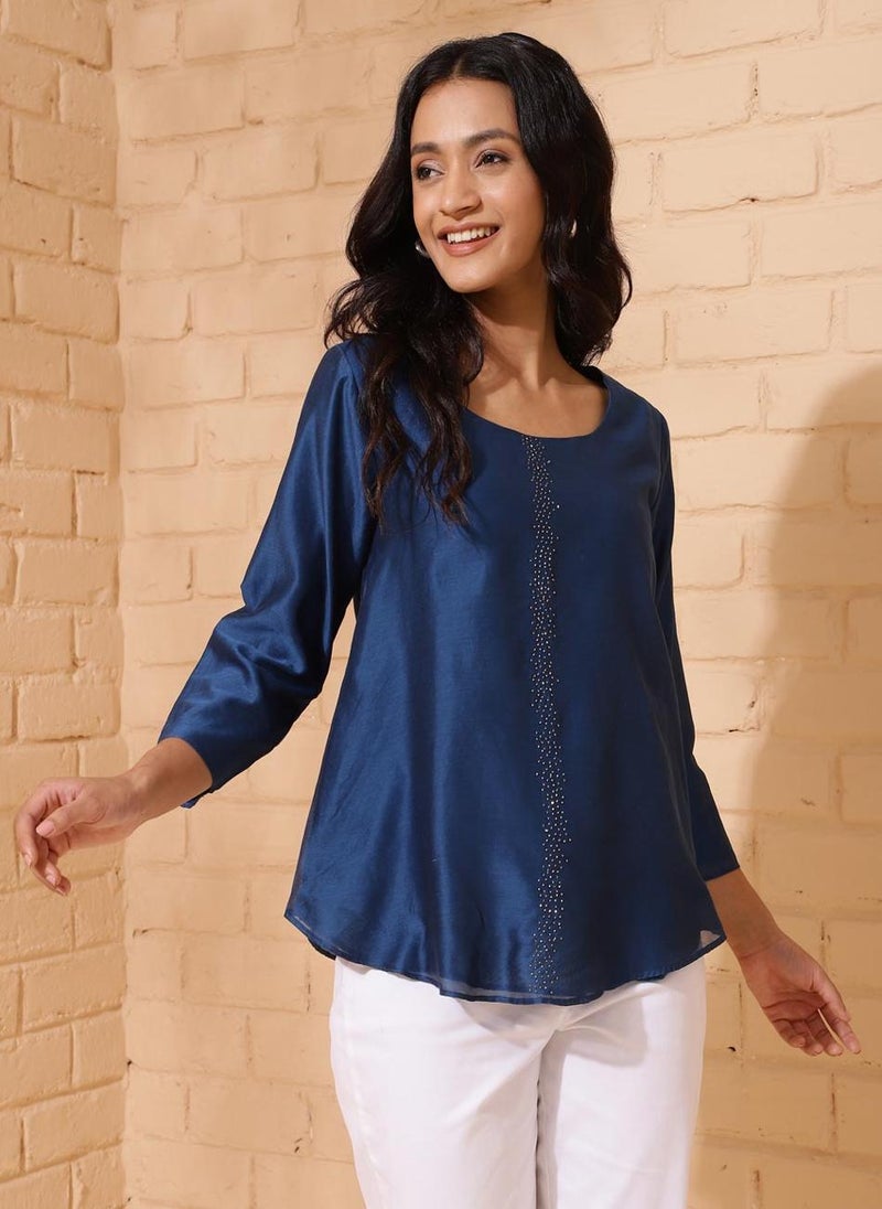 Blue Cotton Silk Embroidered Top