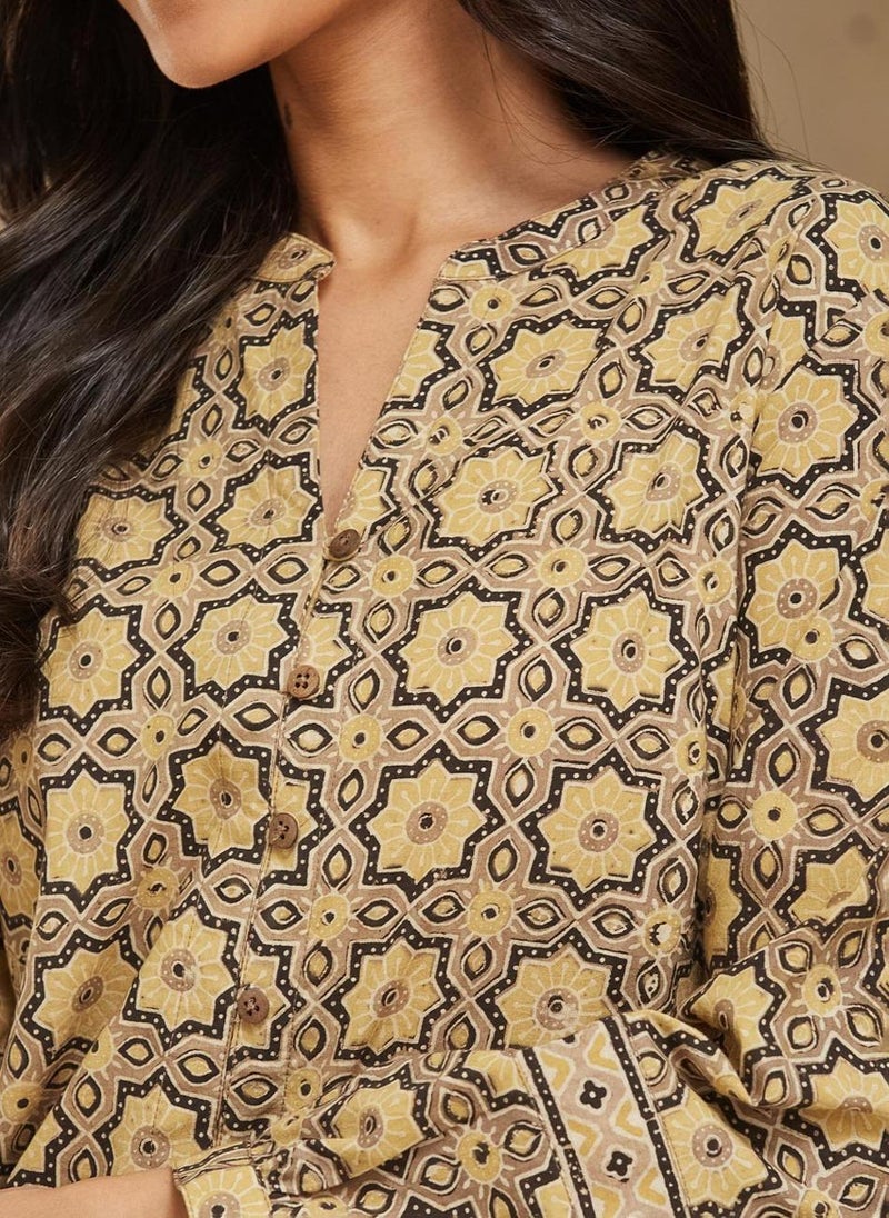 Yellow Cotton Printed Tunic