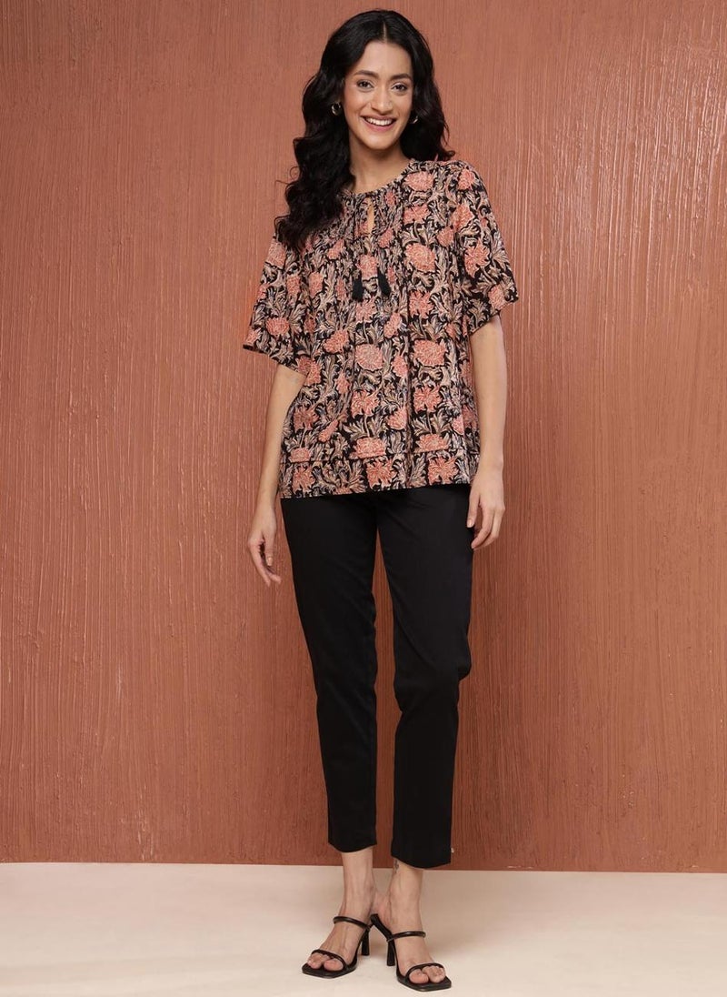 Black Cotton Printed Top