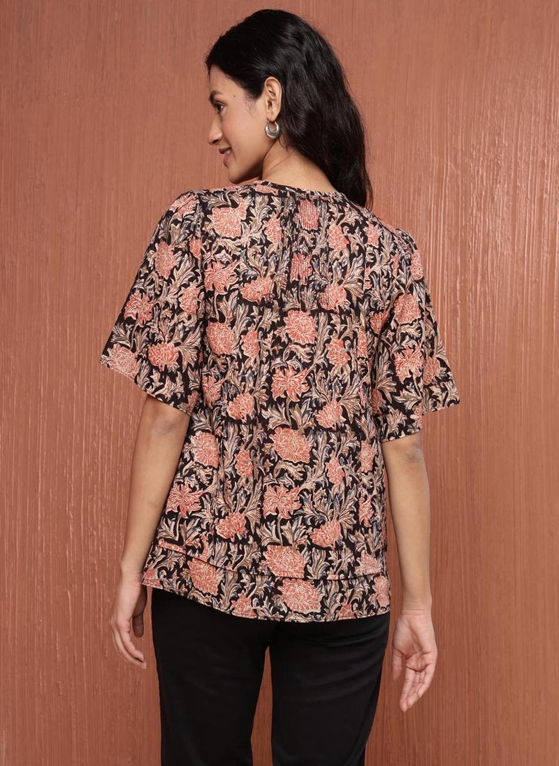 Black Cotton Printed Top