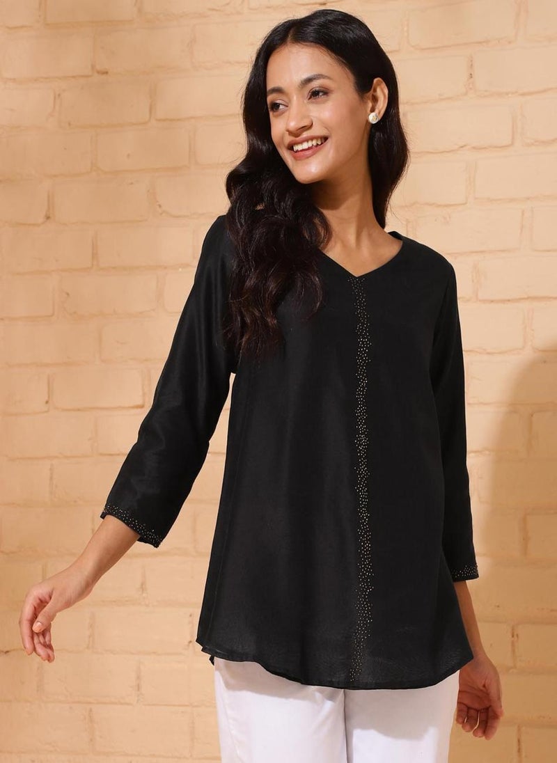 Black Cotton Silk Woven Tunic