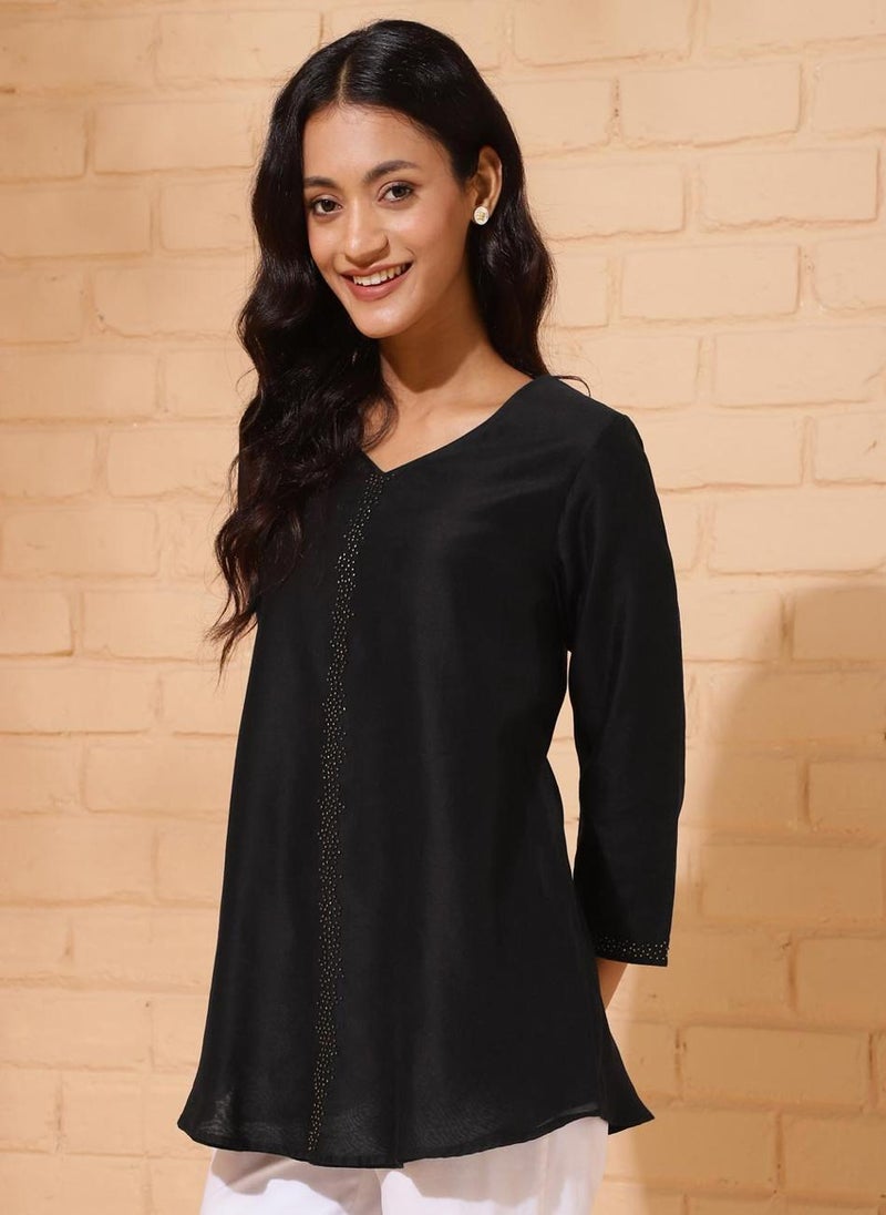 Black Cotton Silk Woven Tunic