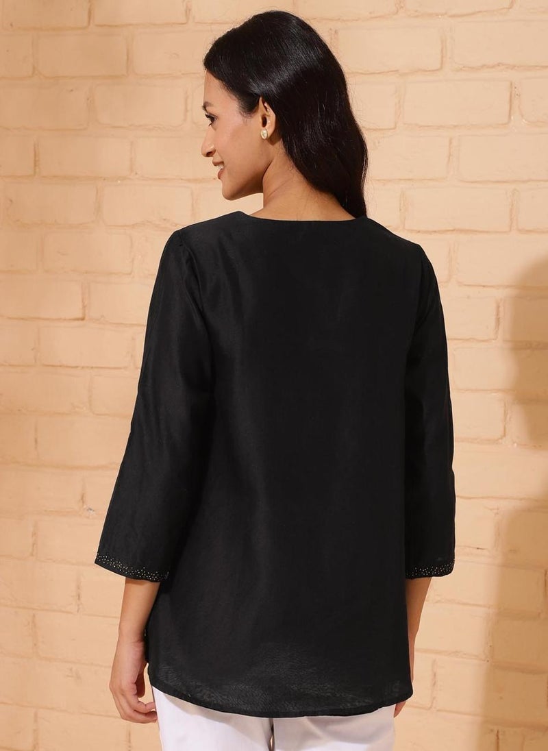 Black Cotton Silk Woven Tunic