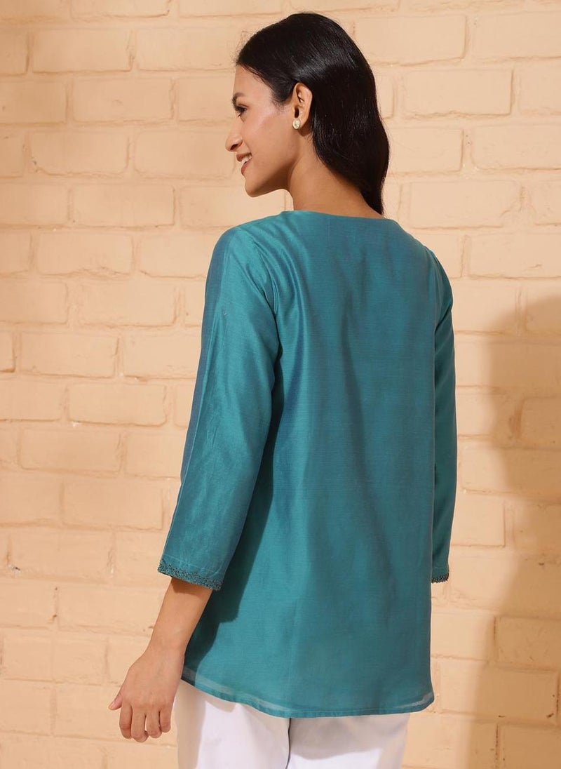 Blue Cotton Silk Woven Tunic