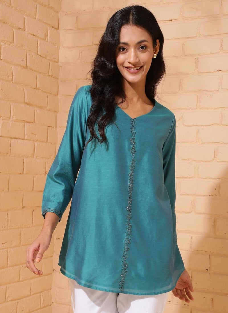 Blue Cotton Silk Woven Tunic