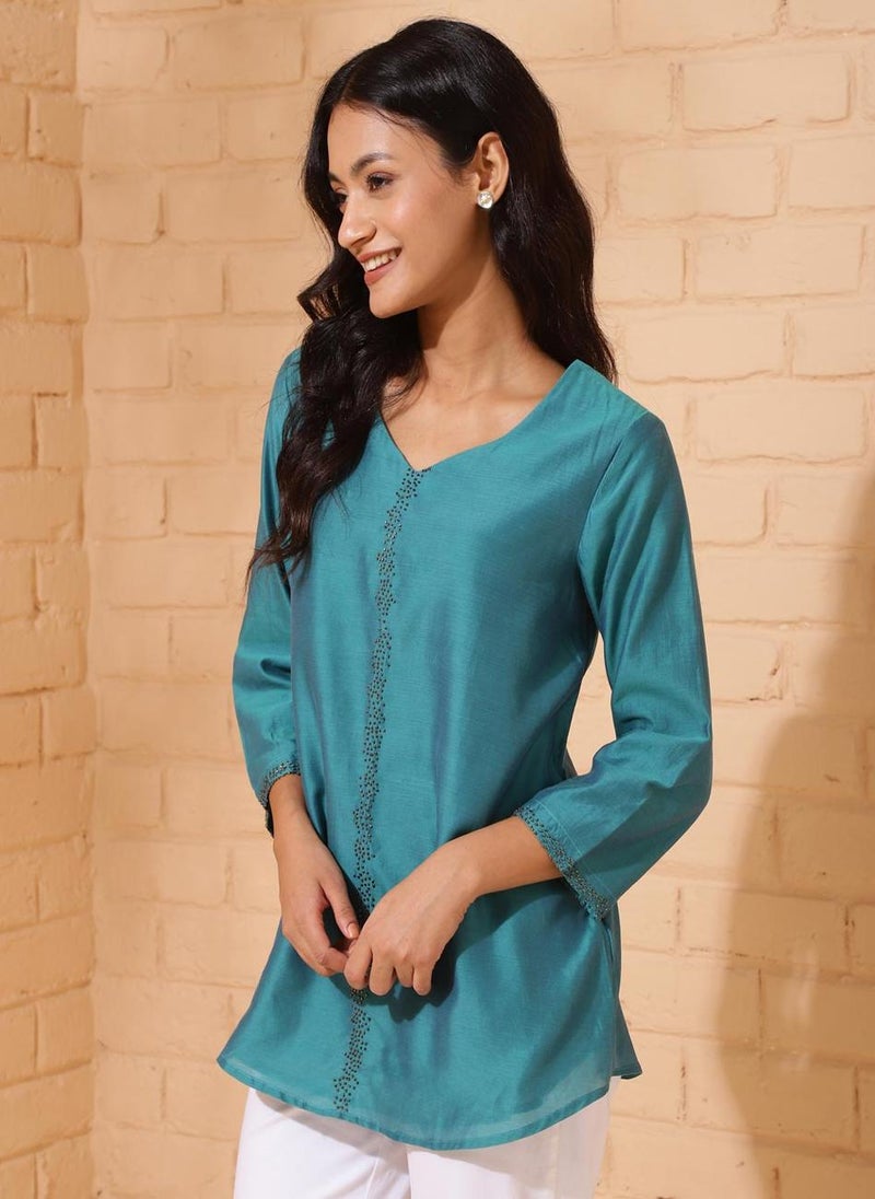 Blue Cotton Silk Woven Tunic