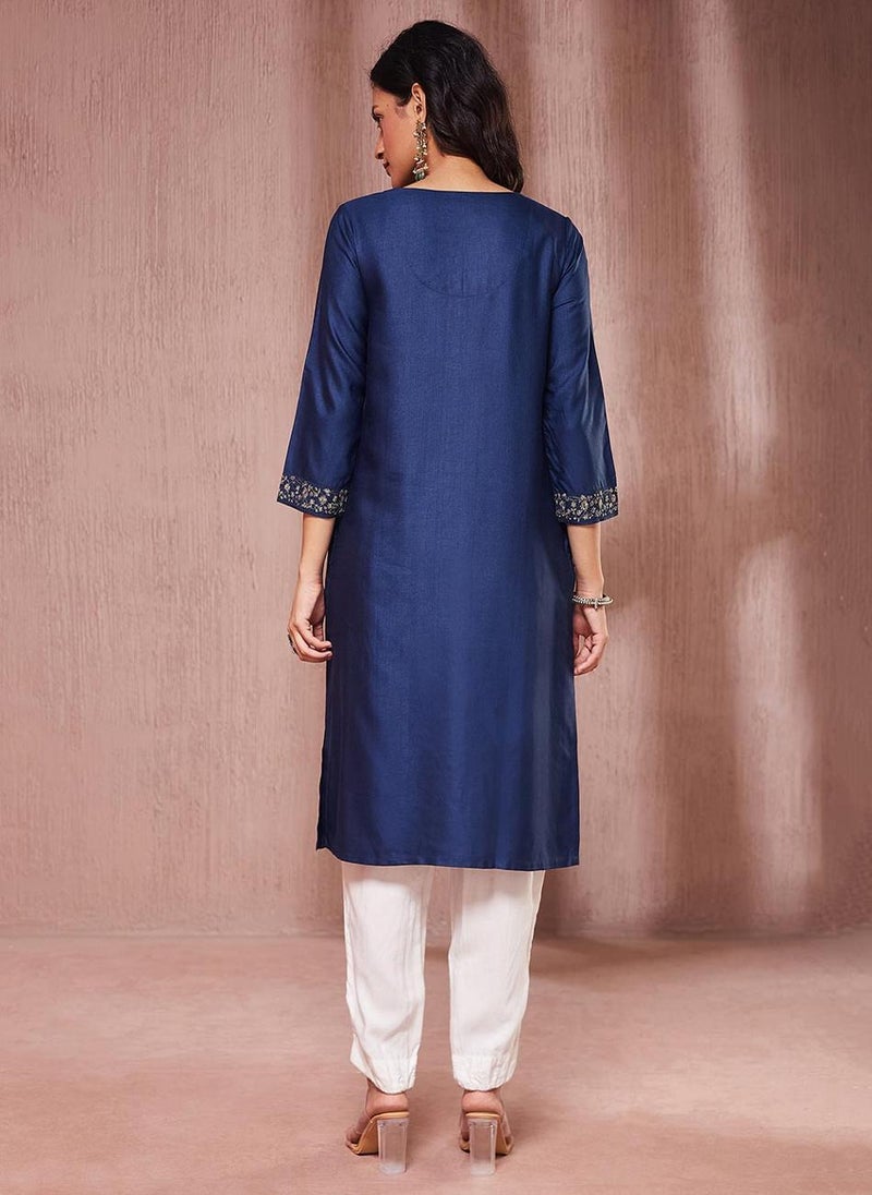 Navy Viscose Silk Embroidered Knee Length Kurta