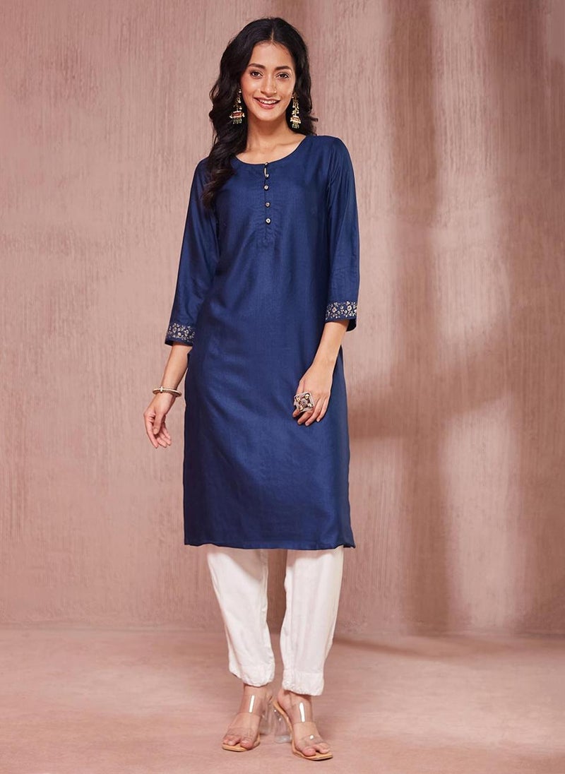 Navy Viscose Silk Embroidered Knee Length Kurta