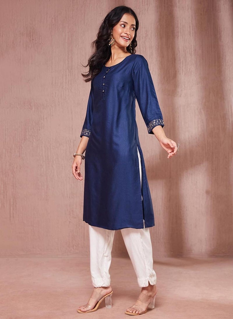 Navy Viscose Silk Embroidered Knee Length Kurta