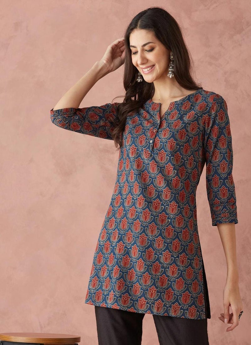 Indigo Cotton Ajrakh Printed Short Kurta