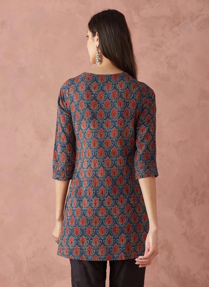 Indigo Cotton Ajrakh Printed Short Kurta