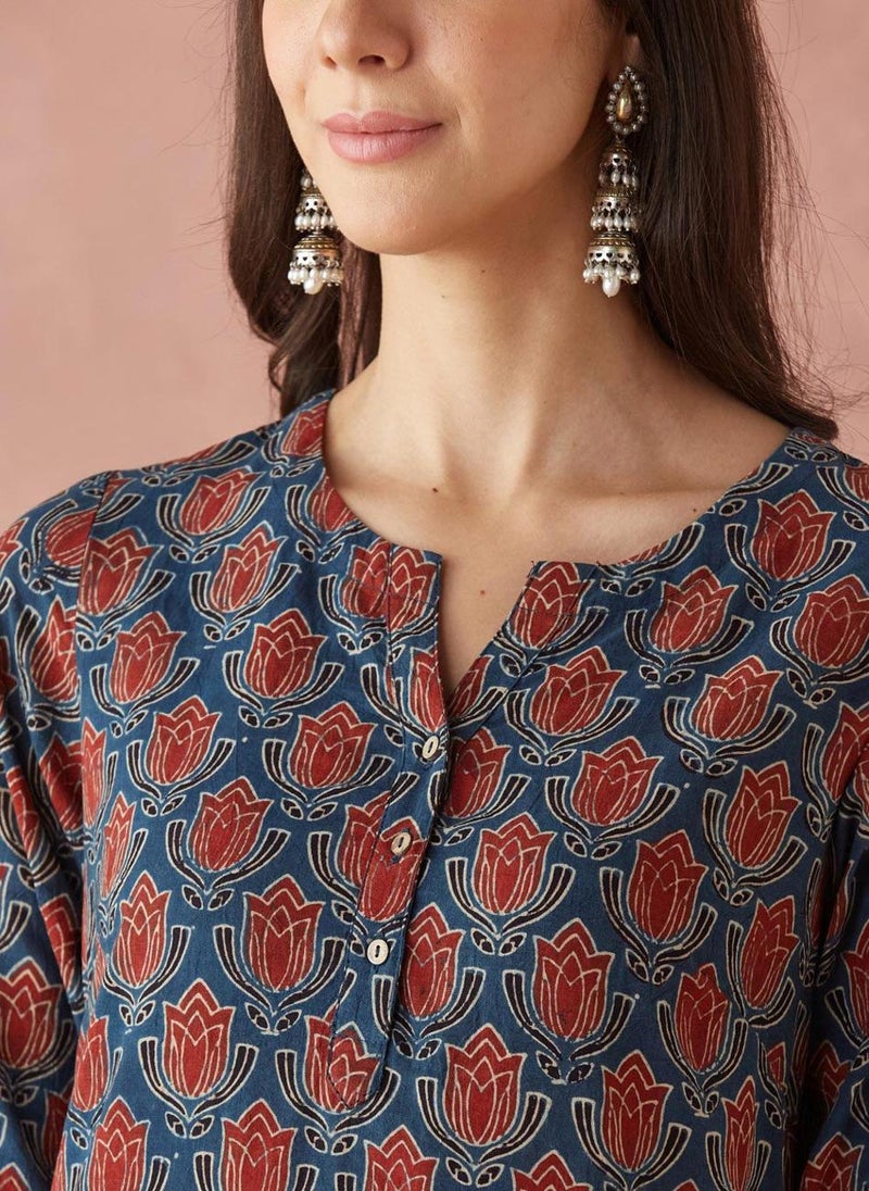 Indigo Cotton Ajrakh Printed Short Kurta