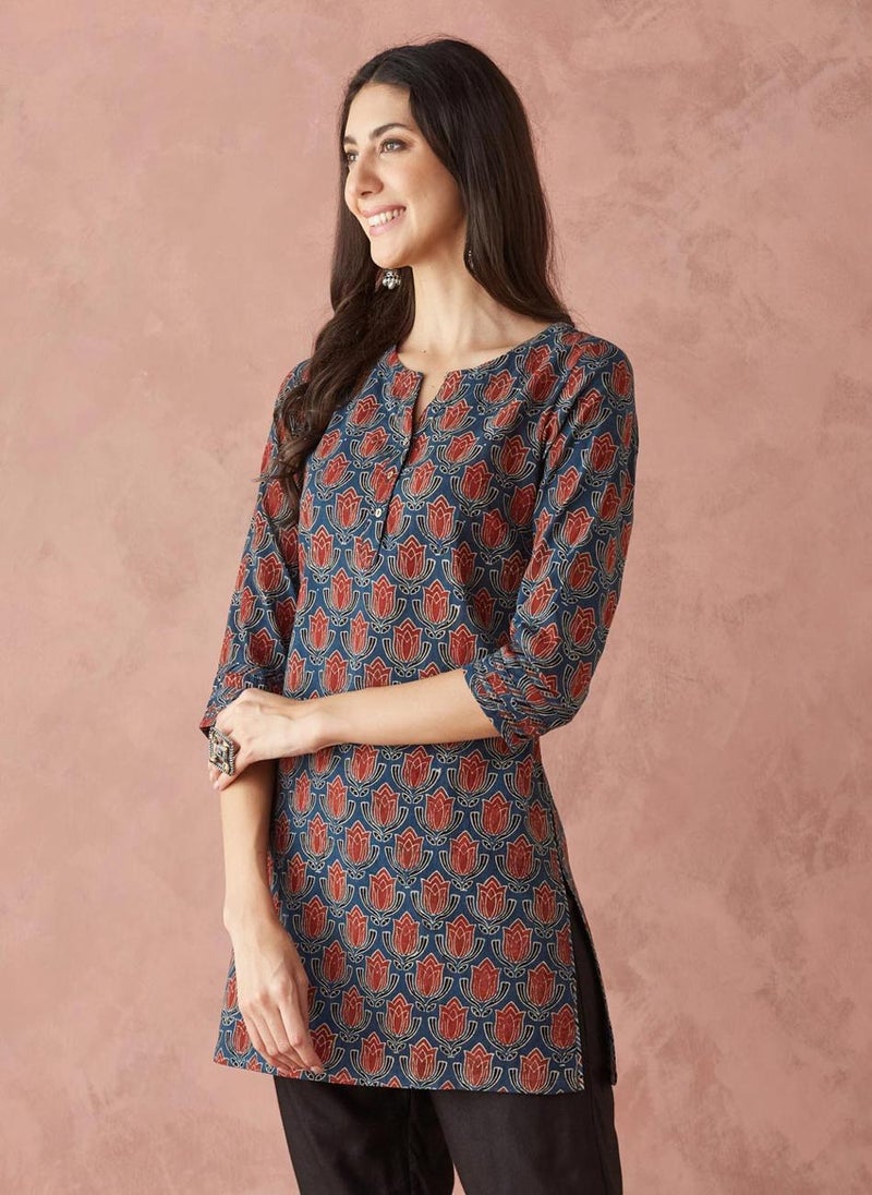 Indigo Cotton Ajrakh Printed Short Kurta