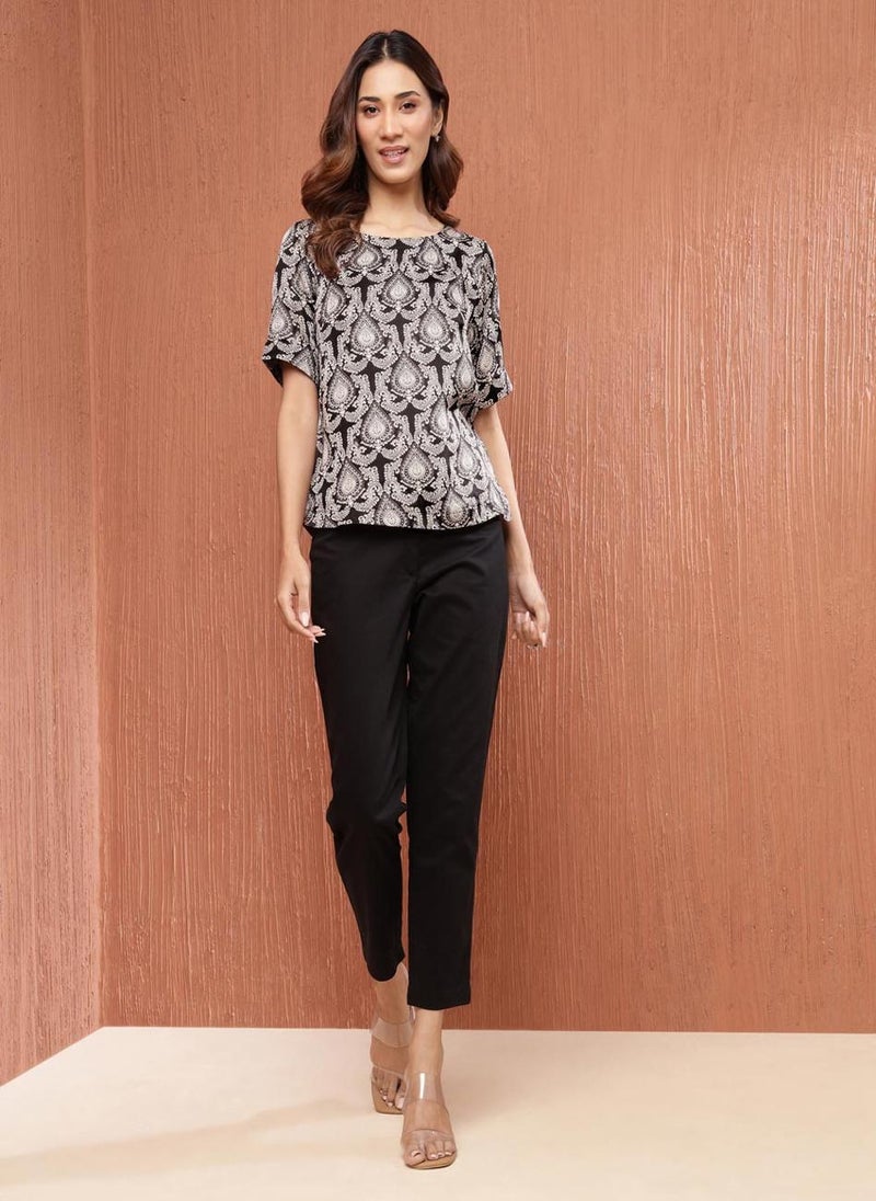 Black Rayon Blend Printed Top