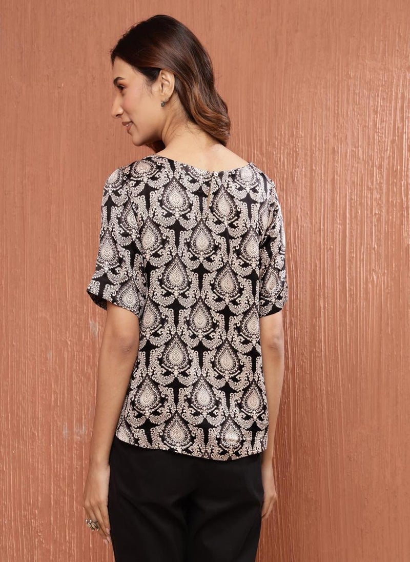 Black Rayon Blend Printed Top