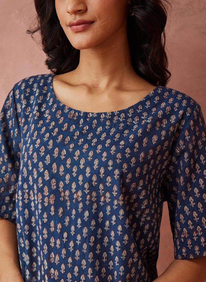 Blue Cotton Printed Top