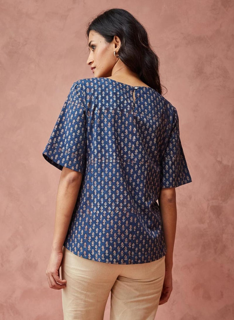 Blue Cotton Printed Top