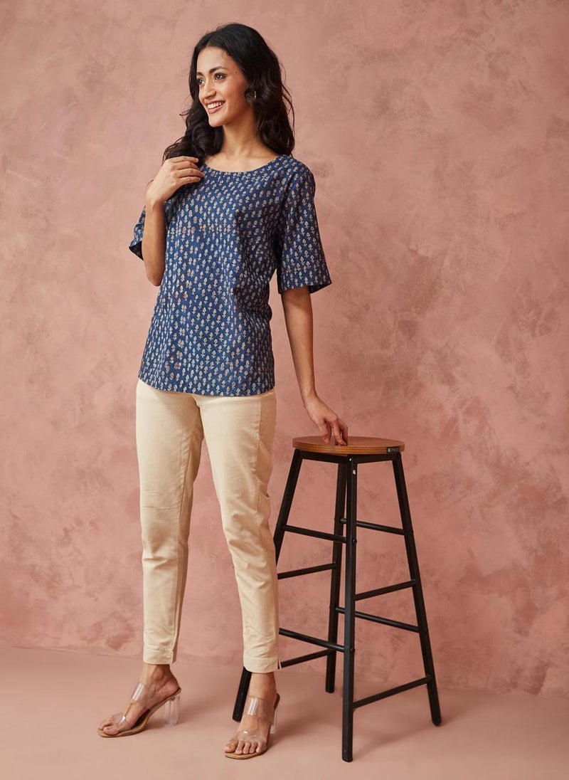 Blue Cotton Printed Top