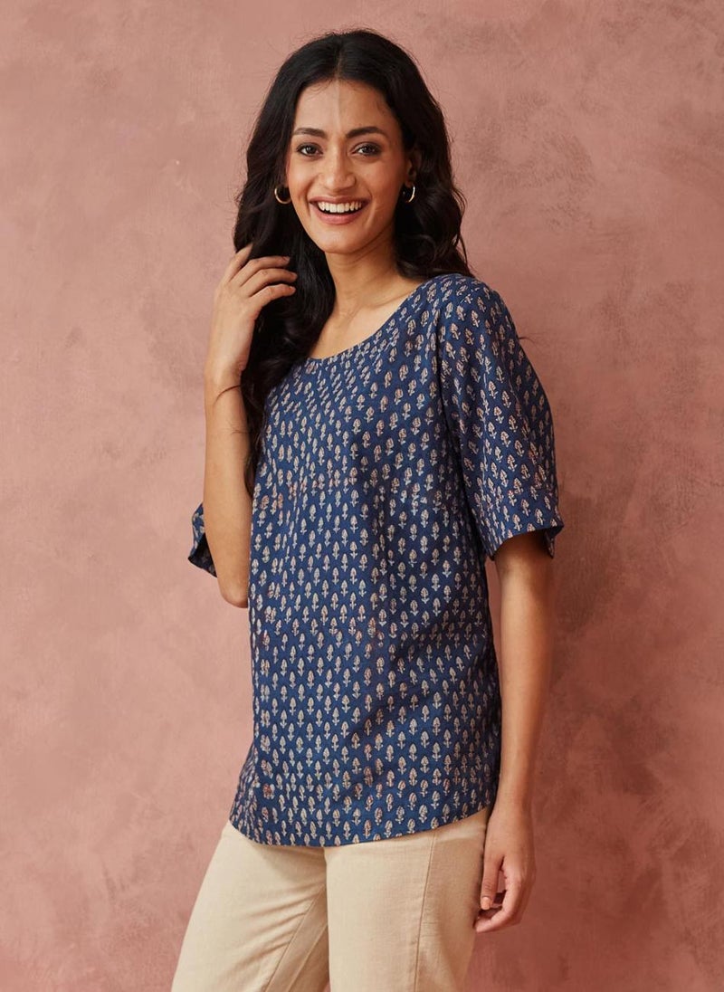 Blue Cotton Printed Top