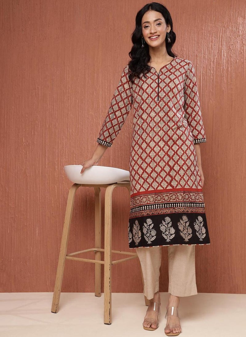 Maroon Cotton Bagru Printed Knee Length Kurta