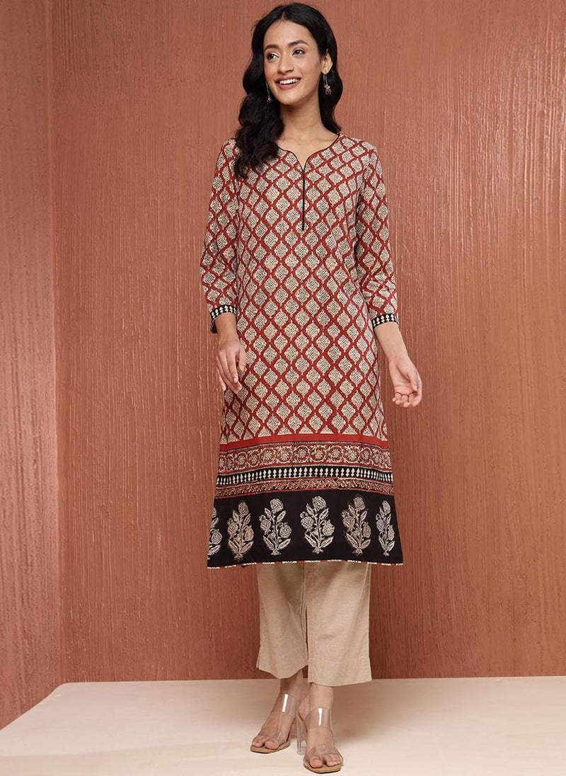 Maroon Cotton Bagru Printed Knee Length Kurta