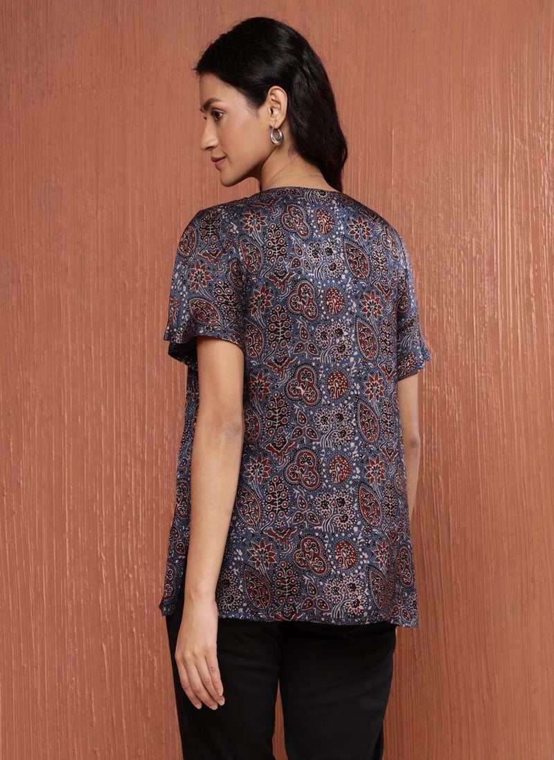 Blue Rayon Blend Ajrakh Printed Top