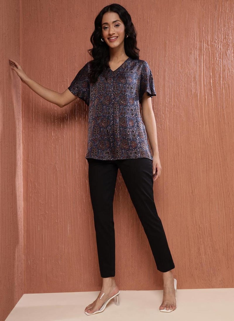 Blue Rayon Blend Ajrakh Printed Top