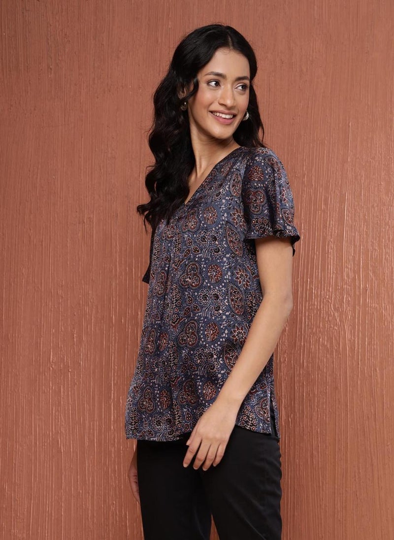 Blue Rayon Blend Ajrakh Printed Top