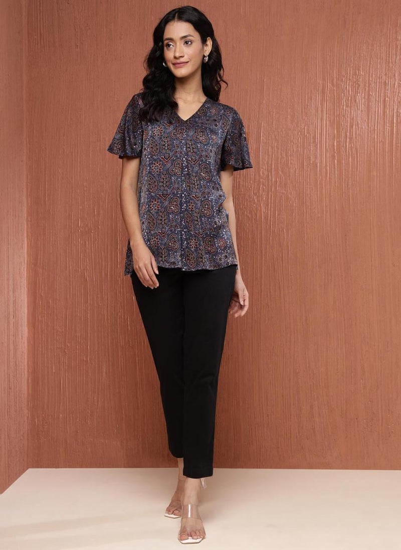 Blue Rayon Blend Ajrakh Printed Top