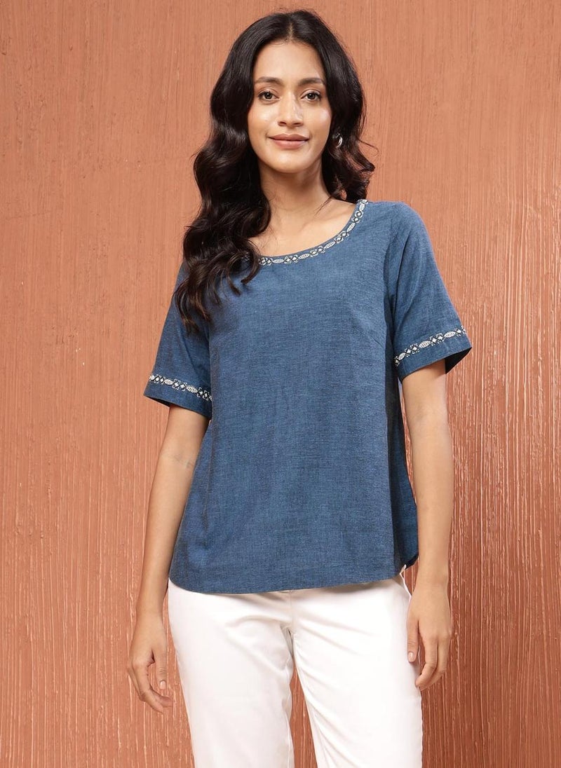 Blue Cotton Waist Length Top