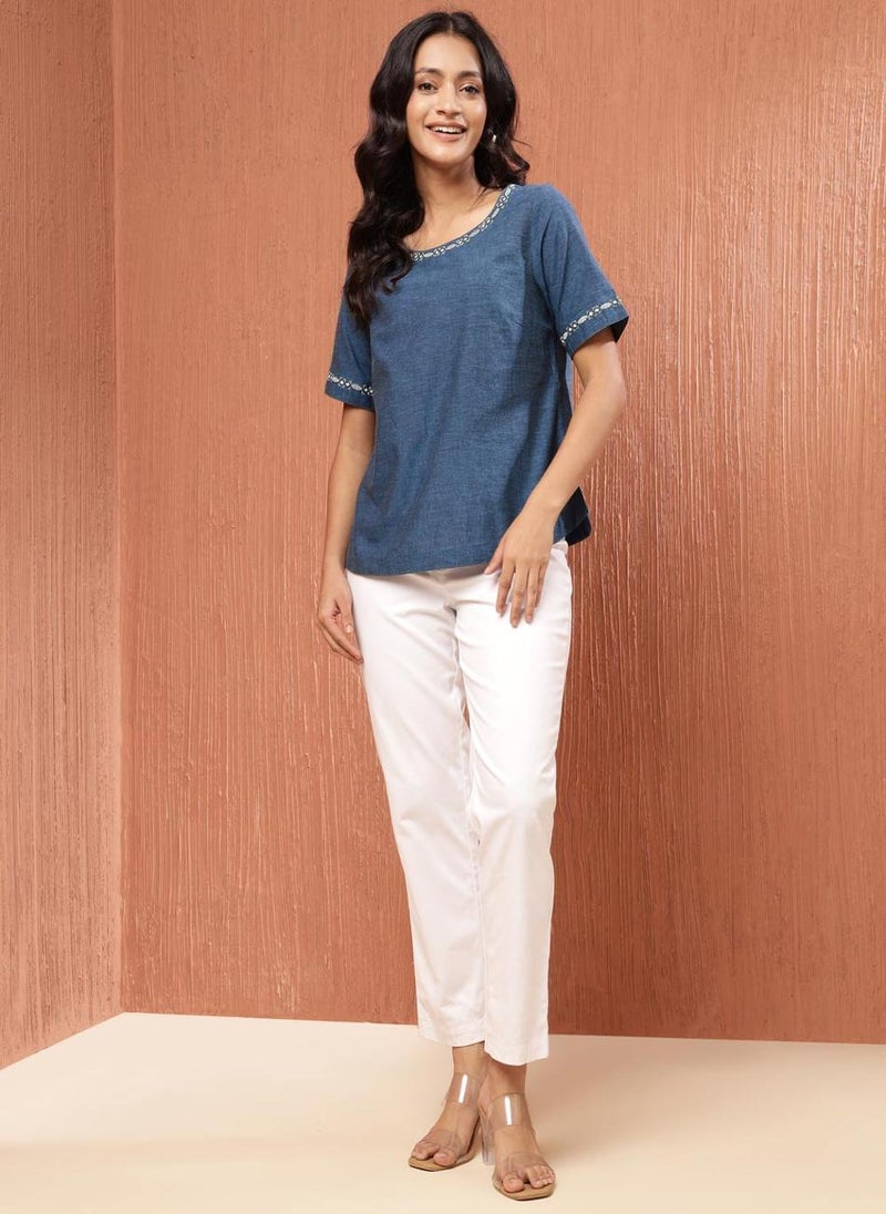 Blue Cotton Waist Length Top