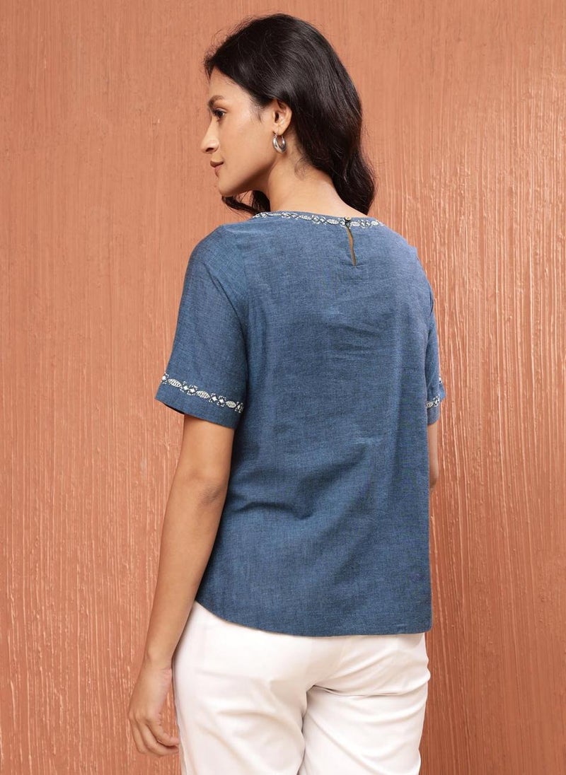 Blue Cotton Waist Length Top