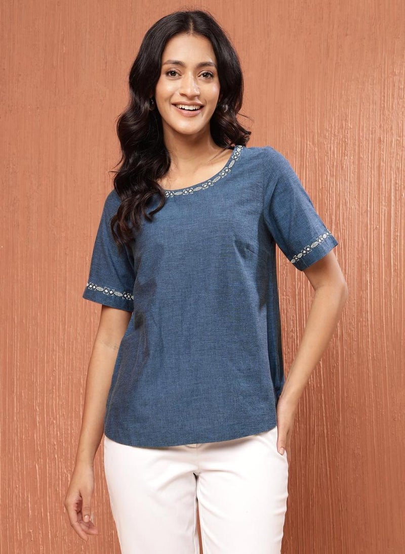 Blue Cotton Waist Length Top