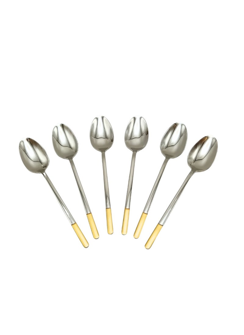 Liying 6Pcs Gold Topper Design Stainless Steel Dinner Spoon Set 21.5cm x 4cm, Modern Silver Big Spoons for Home, Kitchen, Restaurant, Fine Edge & Mirror Polished, Dishwasher Safe