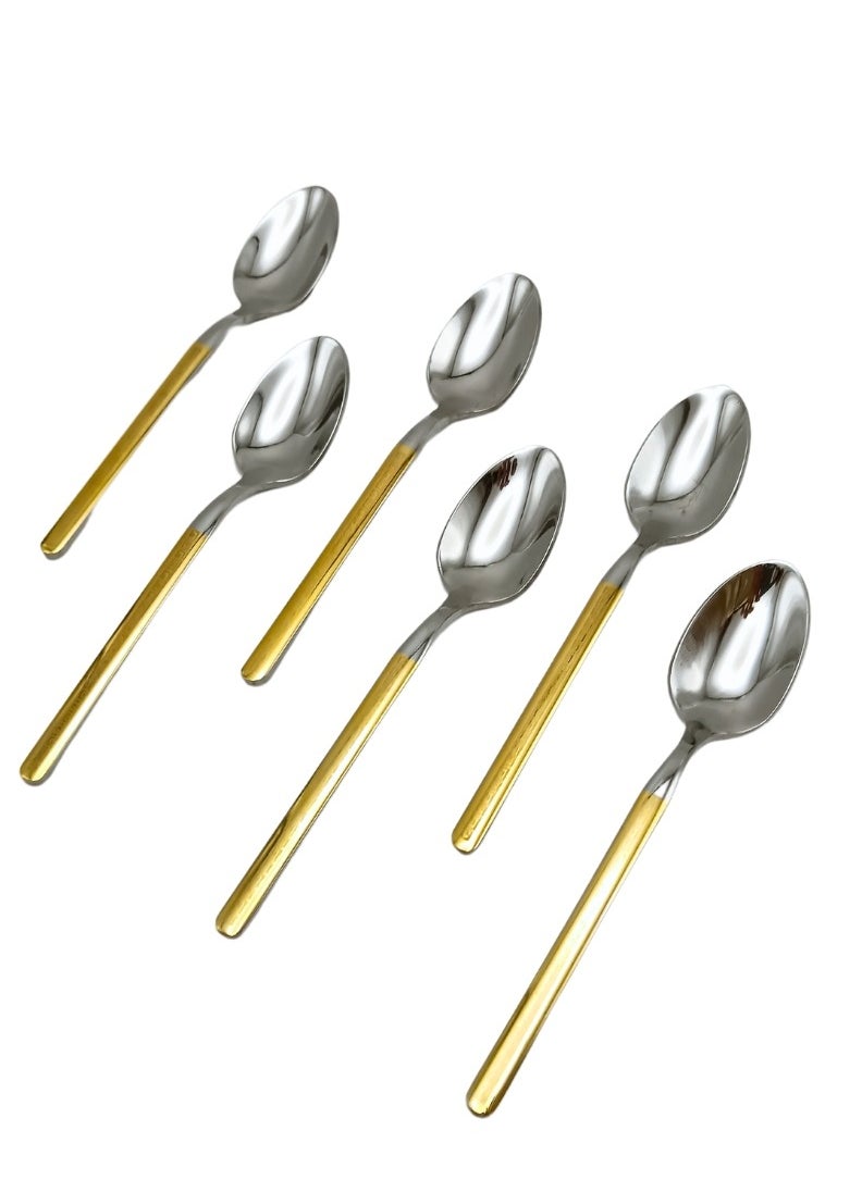 Liying 6Pcs Gold V Design Stainless Steel Dinner Spoon Set 21.5cm x 4cm, Modern Silver Big Spoons for Home, Kitchen, Restaurant, Fine Edge & Mirror Polished, Dishwasher Safe