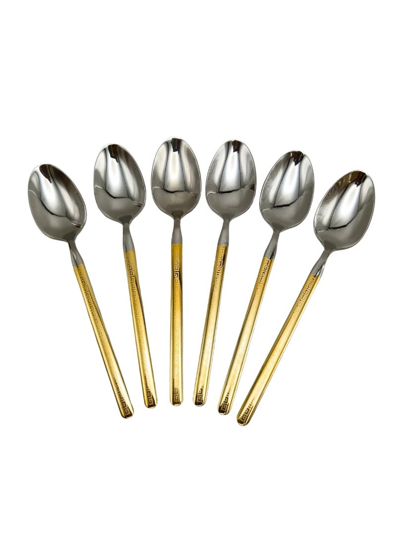 Liying 6Pcs Gold V Design Stainless Steel Dinner Spoon Set 21.5cm x 4cm, Modern Silver Big Spoons for Home, Kitchen, Restaurant, Fine Edge & Mirror Polished, Dishwasher Safe