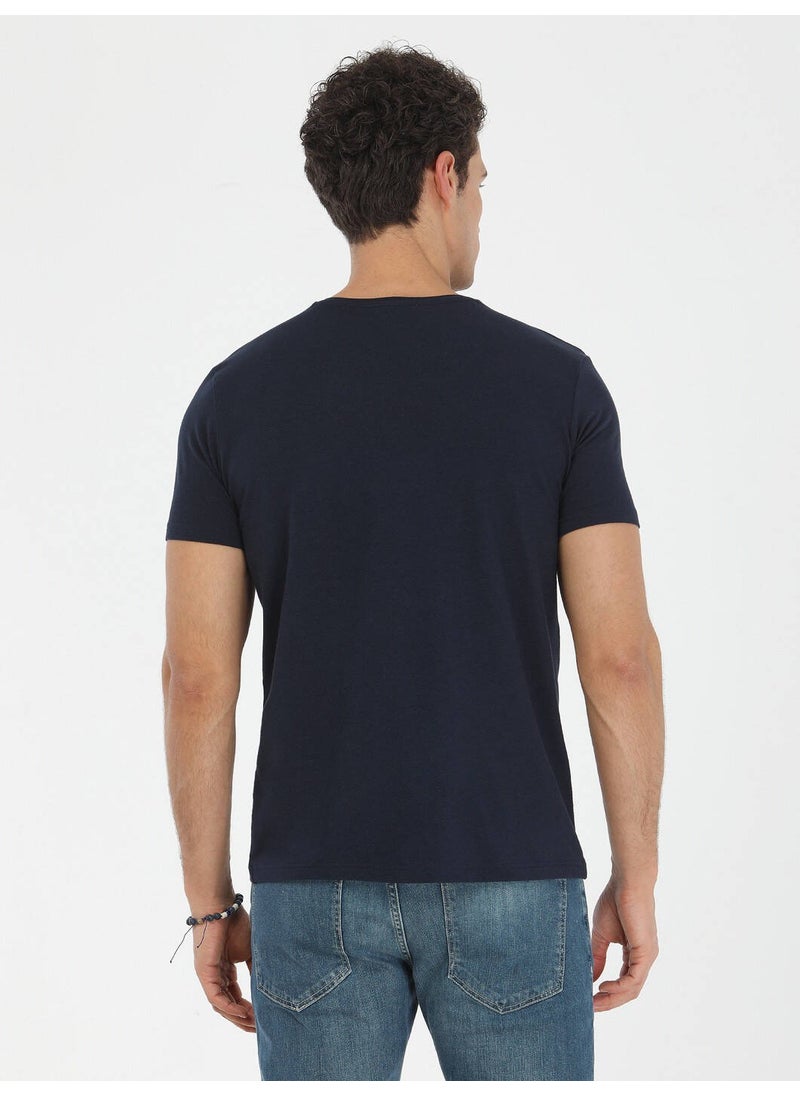 Navy Blue Crew Neck Cotton Blend T-Shirt