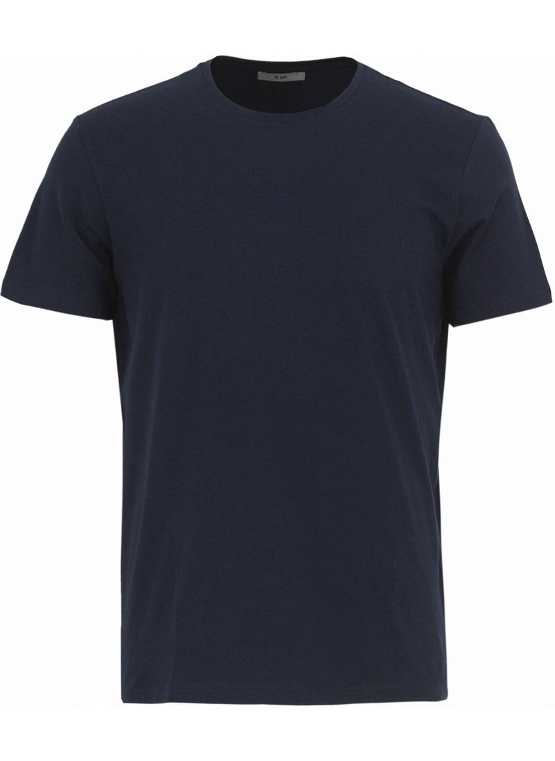 Navy Blue Crew Neck Cotton Blend T-Shirt