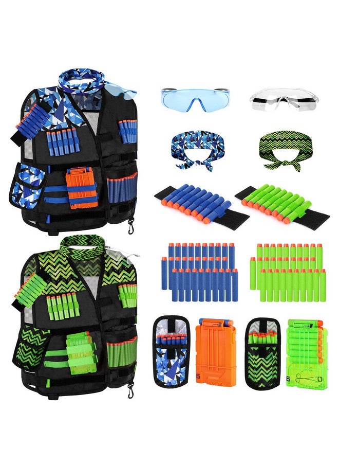 2Pack Kids Tactical Vest Kit For Nerf Guns N-Strike Elite Series For Boys Girls, With 60 Refill Darts, Dart Pouch, Tactical Mask, Reload Clips, Protective Glasses (Blue+Green)