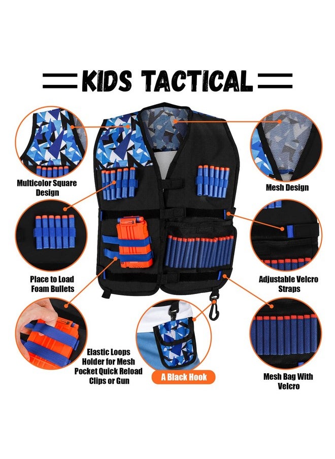 2Pack Kids Tactical Vest Kit For Nerf Guns N-Strike Elite Series For Boys Girls, With 60 Refill Darts, Dart Pouch, Tactical Mask, Reload Clips, Protective Glasses (Blue+Green)
