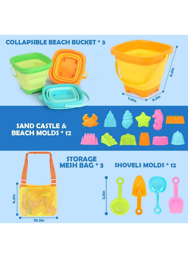 Beach Toys For Kids 3-10, Collapsible Sand Toys Include 3 Pack Foldable Buckets With Mesh Bag, 24 Pcs Beach Mold And Shovels Molds, Travel Sandbox Beach Toys For Toddler