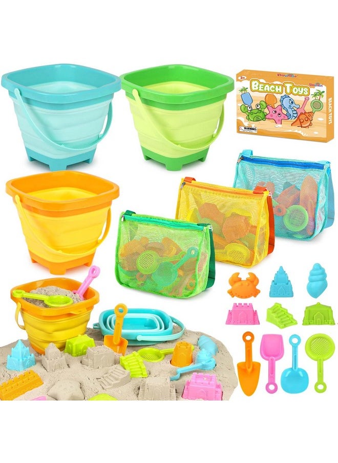 Beach Toys For Kids 3-10, Collapsible Sand Toys Include 3 Pack Foldable Buckets With Mesh Bag, 24 Pcs Beach Mold And Shovels Molds, Travel Sandbox Beach Toys For Toddler