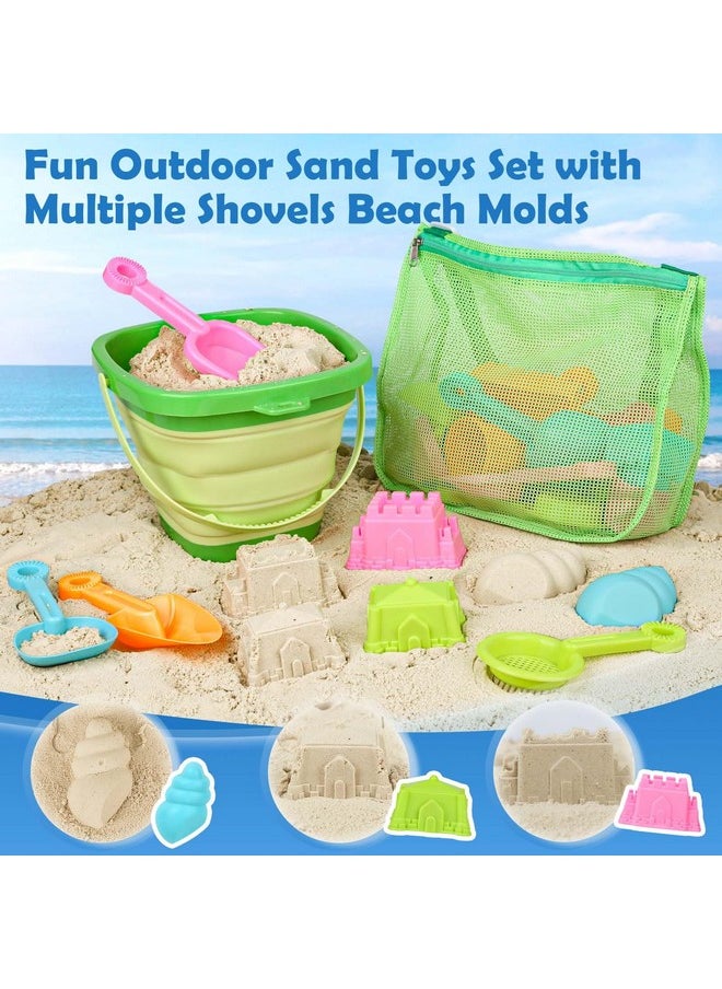 Beach Toys For Kids 3-10, Collapsible Sand Toys Include 3 Pack Foldable Buckets With Mesh Bag, 24 Pcs Beach Mold And Shovels Molds, Travel Sandbox Beach Toys For Toddler