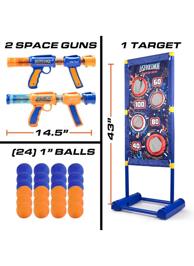 Astroshot Gemini Extreme Shooting Game For Kids 2 Pack Foam Ball Popper Air Guns And Moving Target Shooting Game Toy For Boys Girls 2 Guns 30 Balls Outdoor Compatible With Nerf Blue/Orange